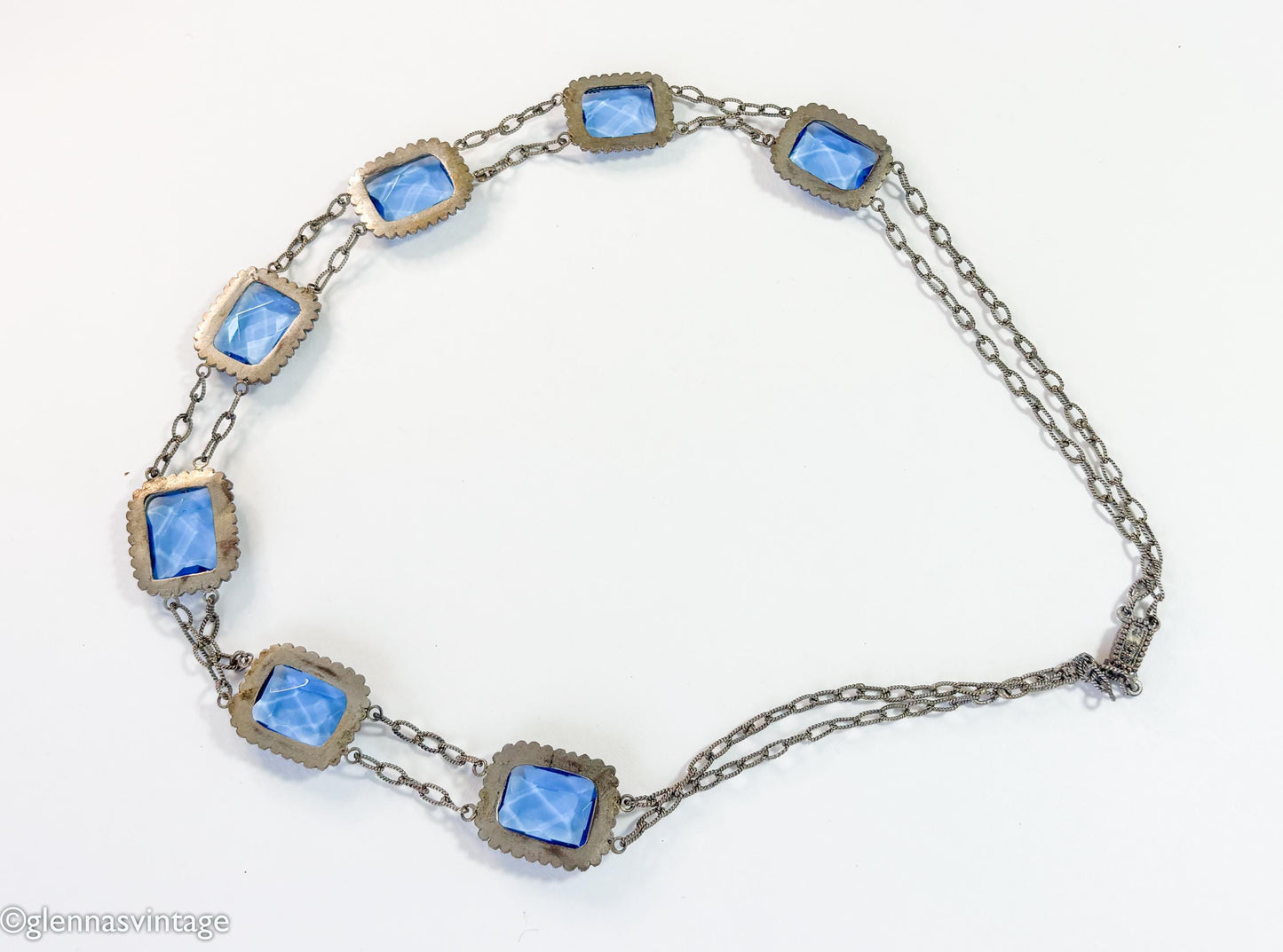 1900s Edwardian Blue Glass & Filigree Rectangle Necklace
