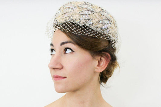 1950s Beige Lace & Sequin Pillbox Hat