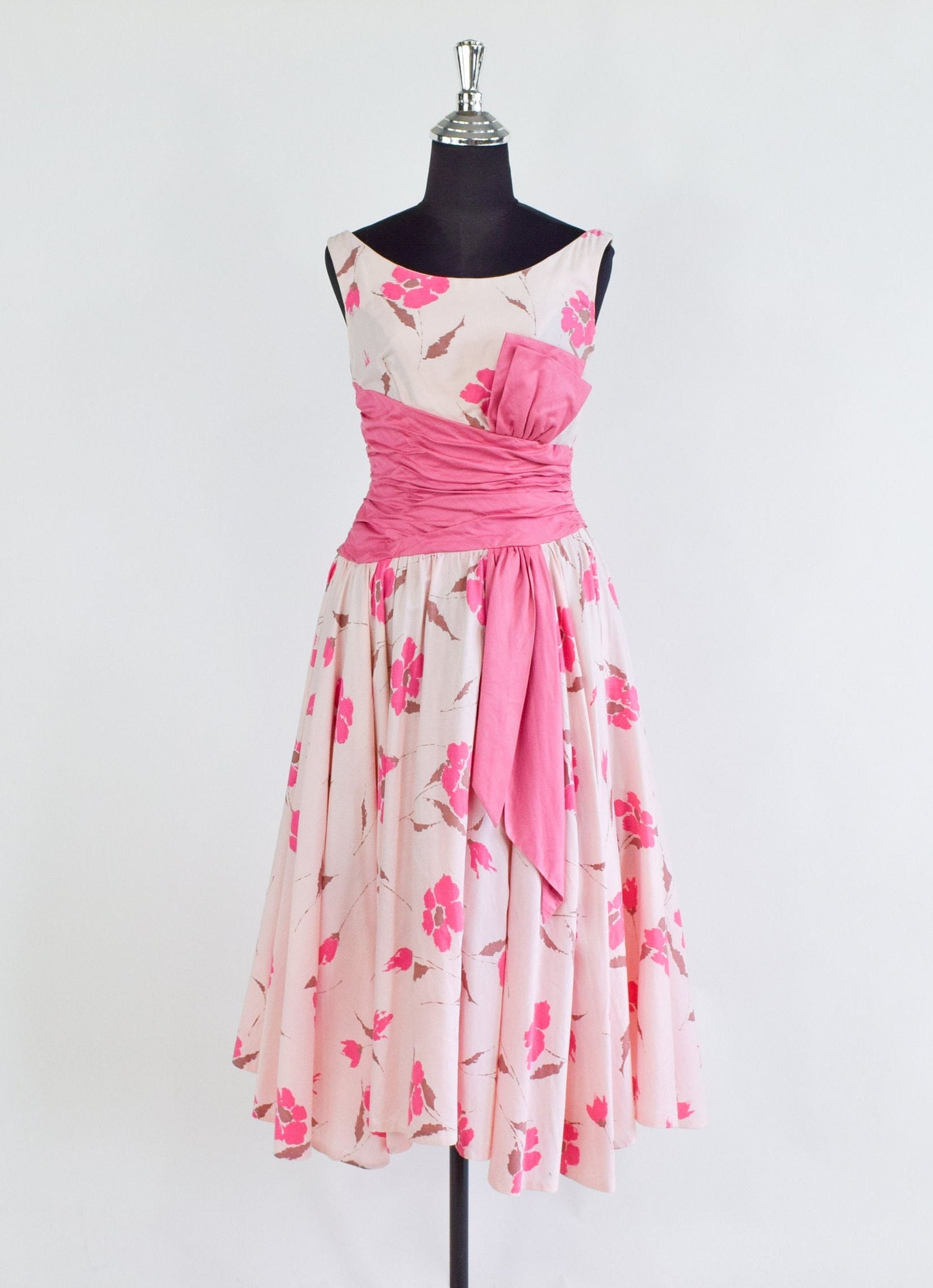 1950s Pink Floral Cotton Party Dress, Small
