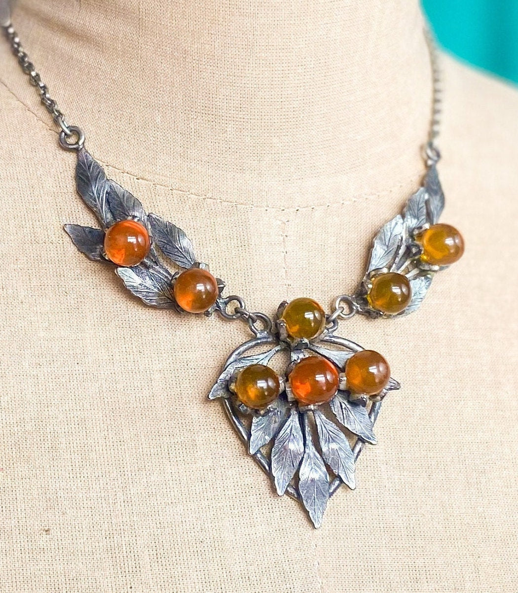 1930s Silver Leaves Necklace | Vintage Pendant with Brown Berries