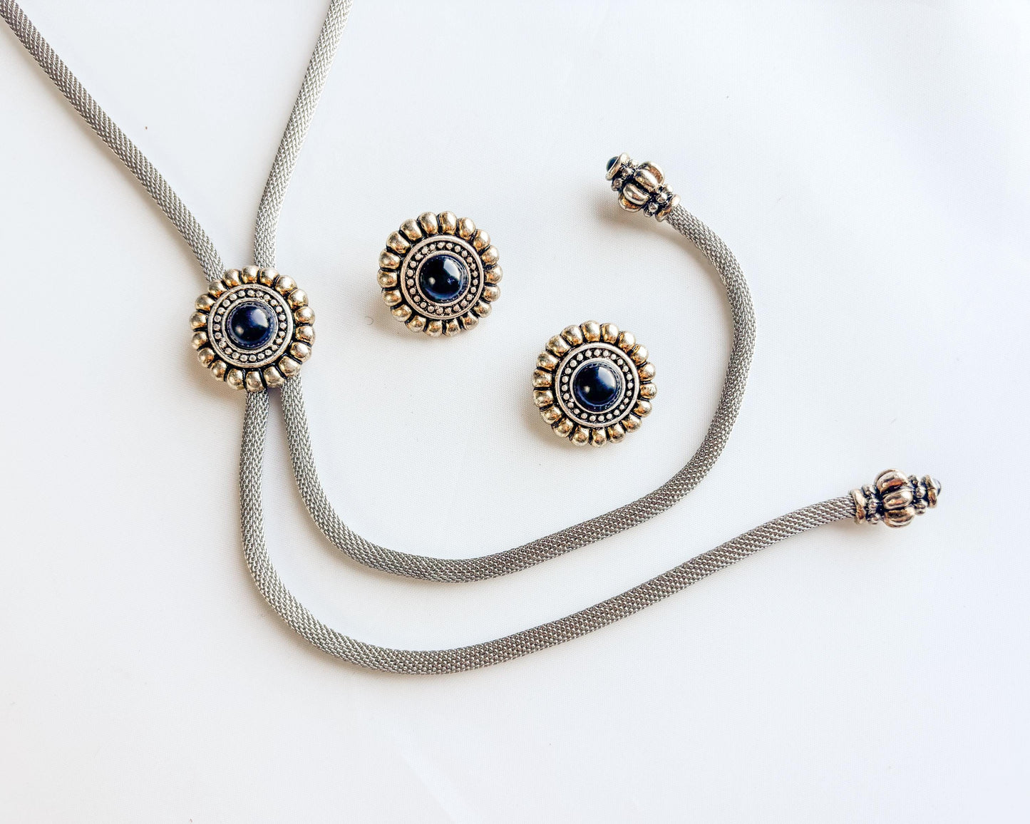 1980s Silver Bolo Tie Necklace & Earring | Silver Necklace Set