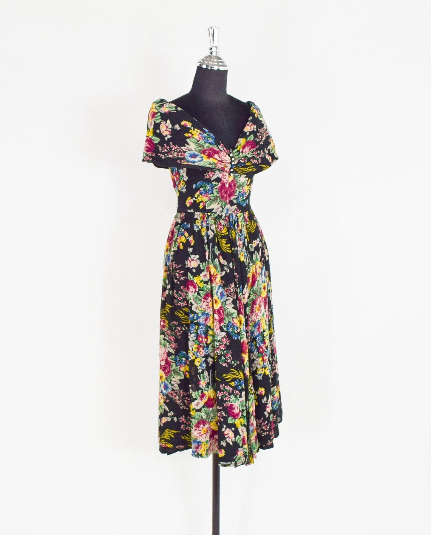 1940s Black Floral Party Dress | 40s Black Flowered Rayon Print Dress | X Small