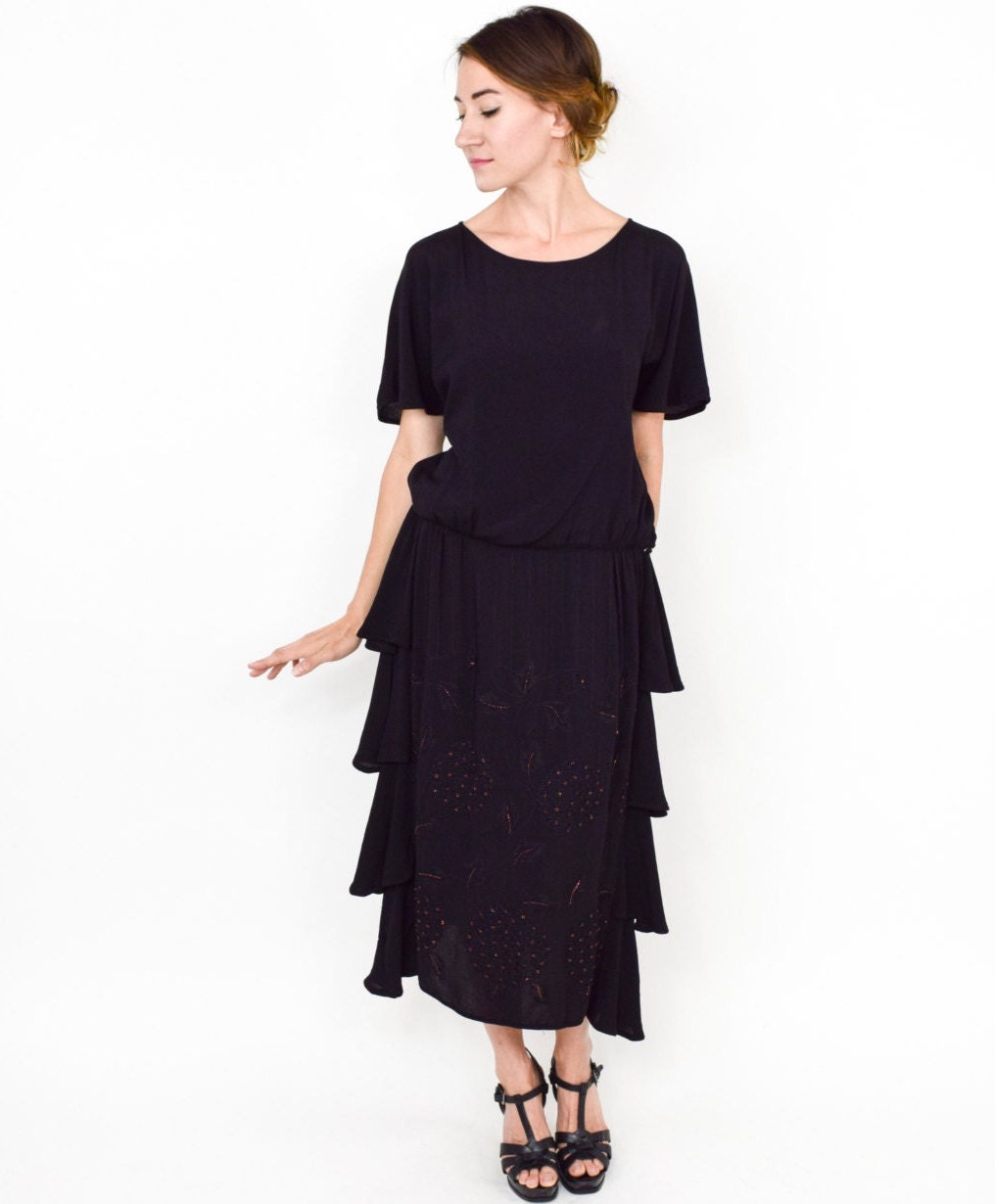 1920s Black Silk Beaded Dress, Embroidered Flapper Gown, Medium