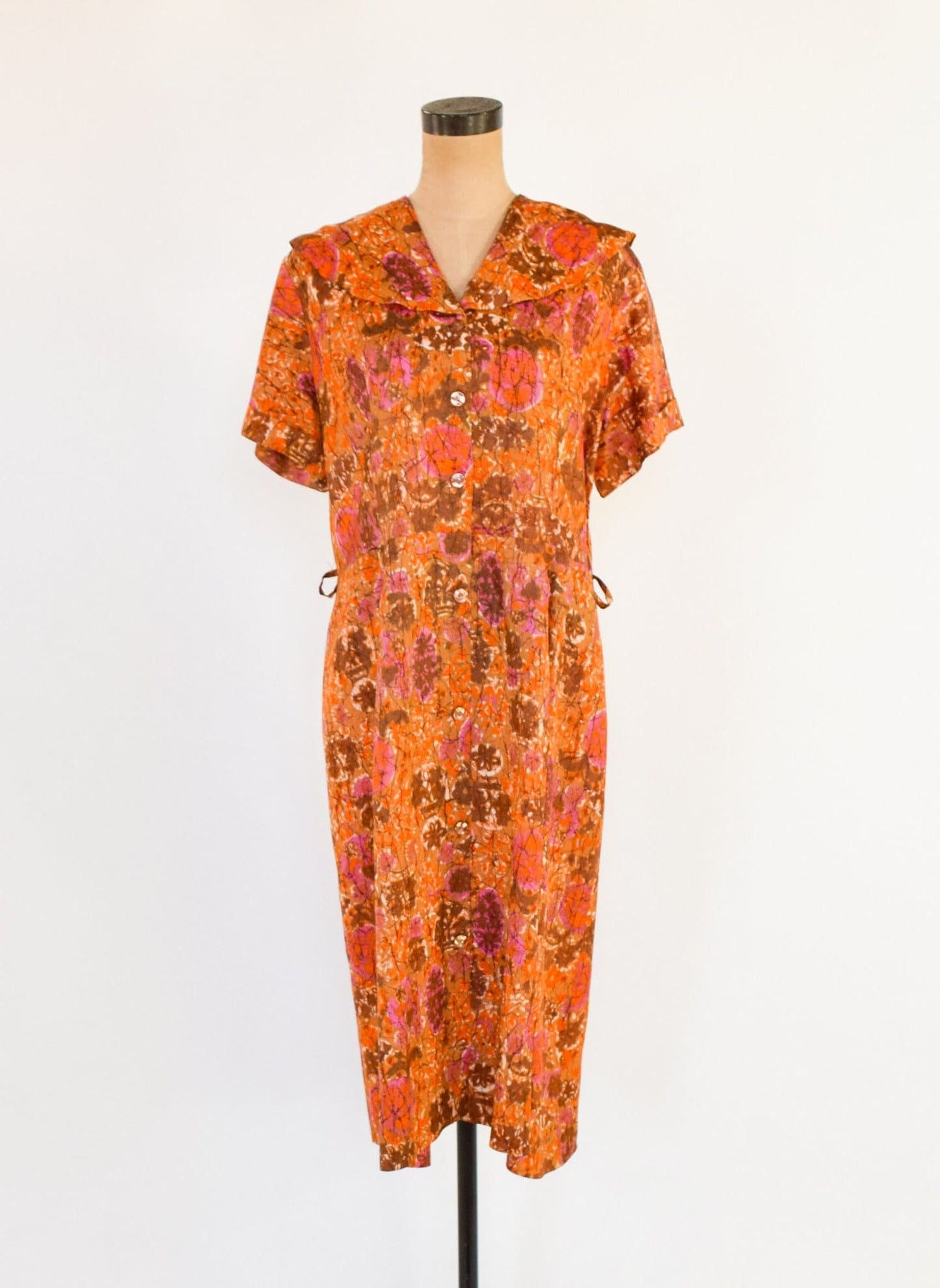 1950s Orange Floral Print Day Dress, Extra Large