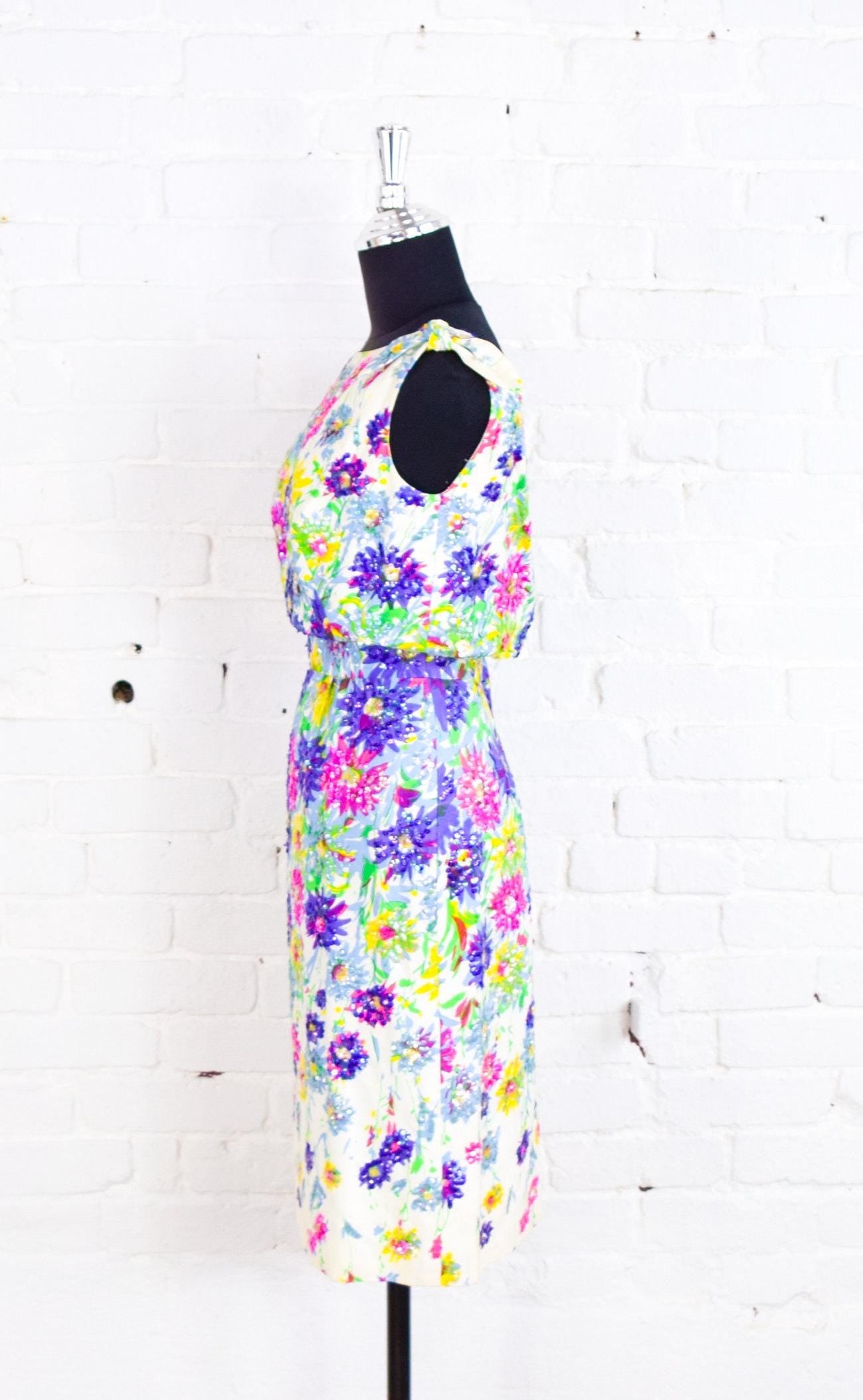 1950s Colorful Floral Sequin Party Dress, Small