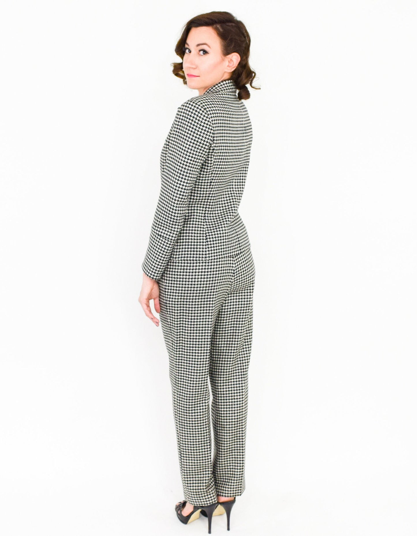 1970s Lilli Ann Grey Houndstooth Wool Pantsuit, Jacket & Pants Set, Medium