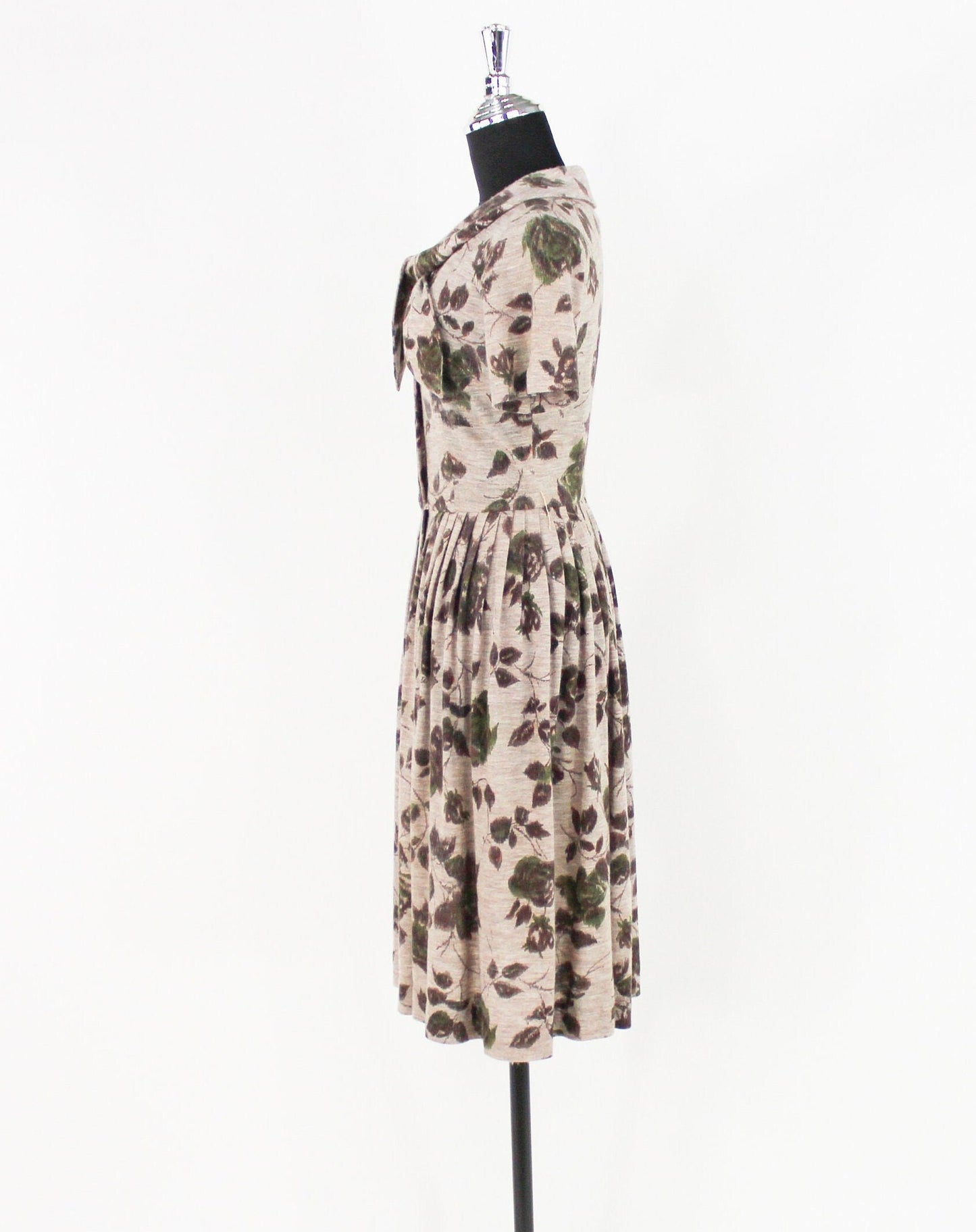 1950s Beige & Brown Floral Print Wool Dress, Small