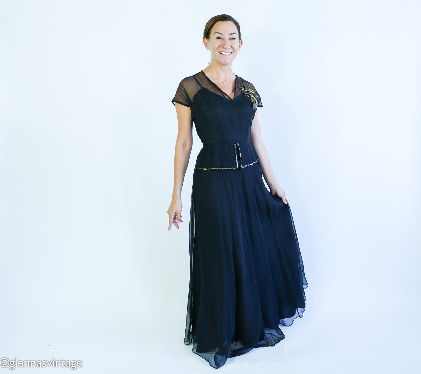 1940s Black Crepe Evening  Dress | 40s Black Sheer Sequin Formal Dress l Medium