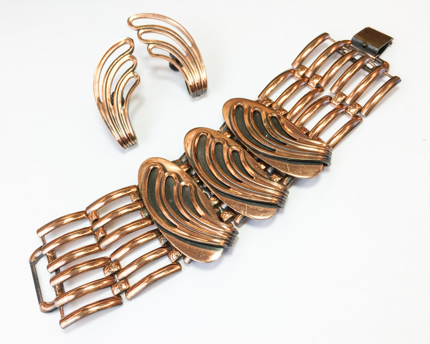 1950s Copper Bracelet &  Earring Set | 50s Modernist Copper Link Swirls Bracelet Set