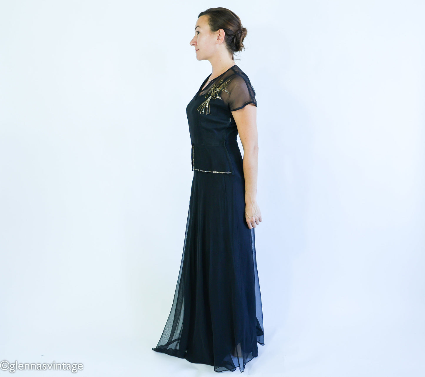 1940s Black Crepe Evening  Dress | 40s Black Sheer Sequin Formal Dress l Medium