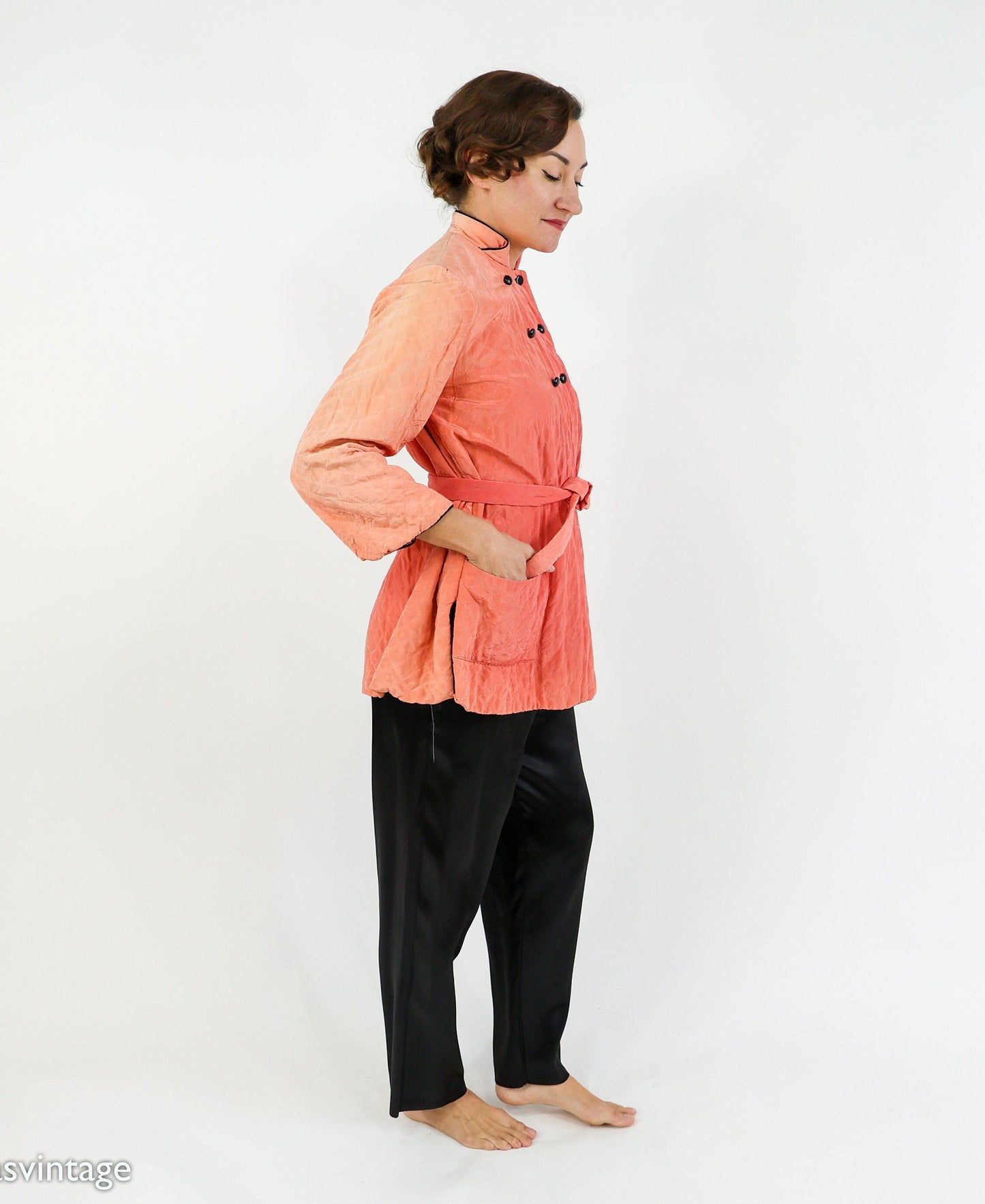 1940s Coral Quilted Pajamas Set, Peach Robe & Slacks, Medium
