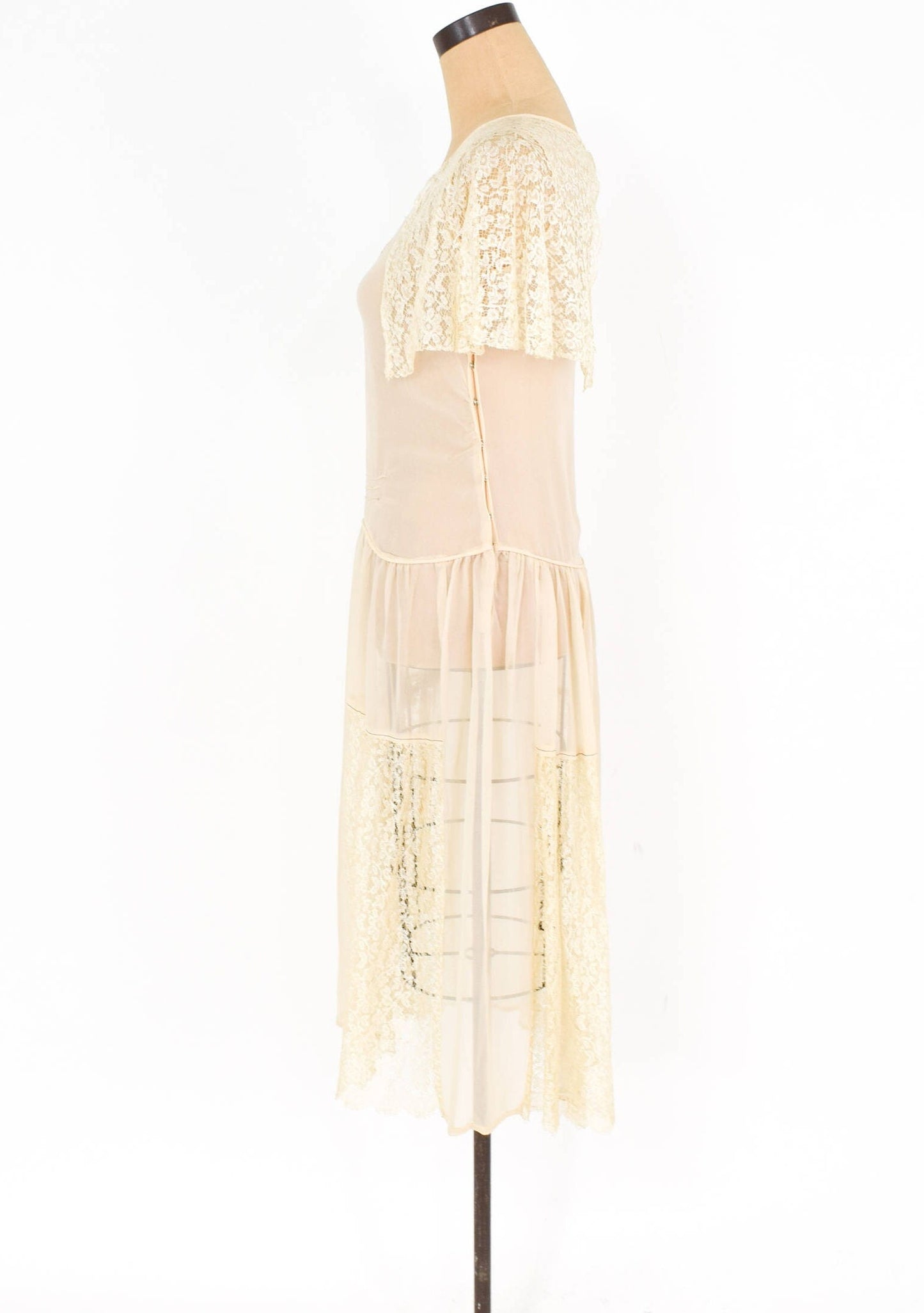 1920s Ivory Silk Chiffon Dress | 20s Ivory Chiffon & Lace Dress | Wedding  | Small