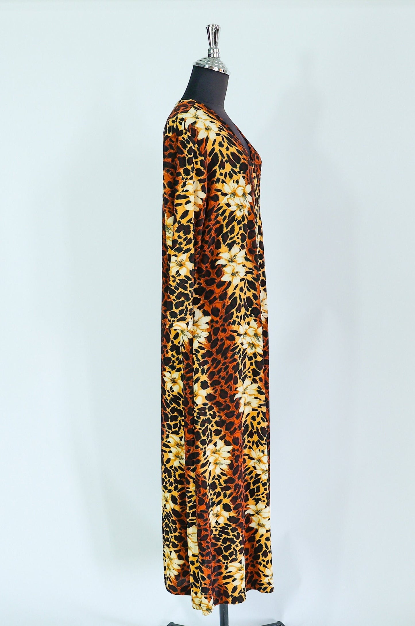 1980s Leopard Animal Print Caftan | 80s Brown Leopard Print & Flowers Maxi Dress | Carolyn Strauss | XLarge