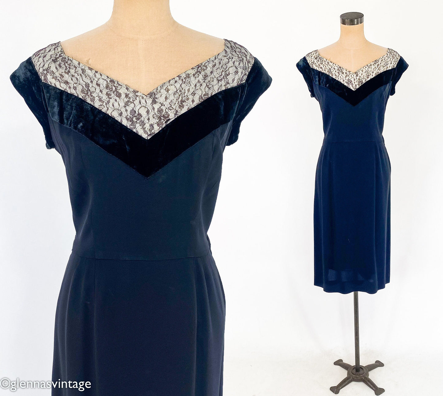 1940s Black Cocktail Dress | 40s Black Crepe & Lace Sheath Dress | Old Hollywood | Le Vine Original | Medium