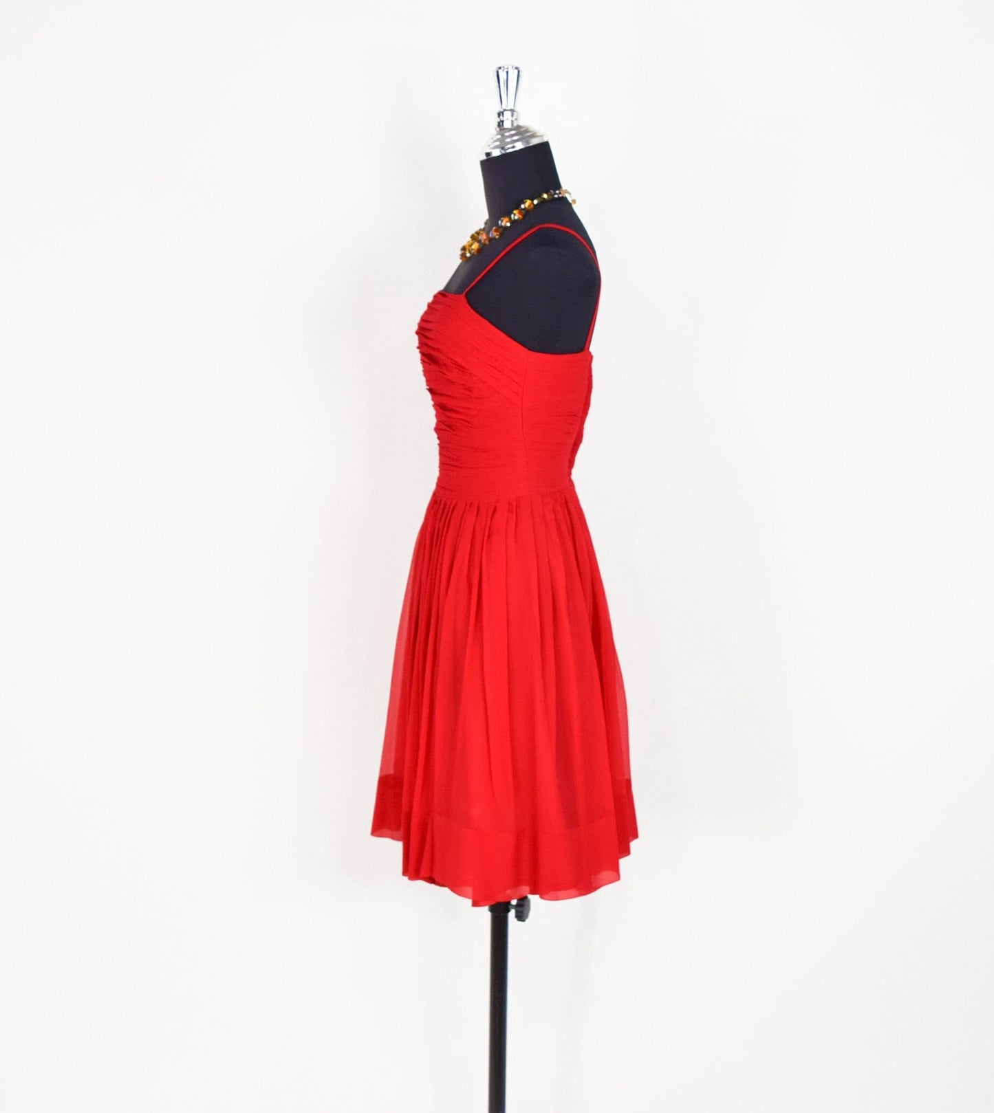 1950s Red Chiffon Party Dress with Pleated Bodice, Extra Small