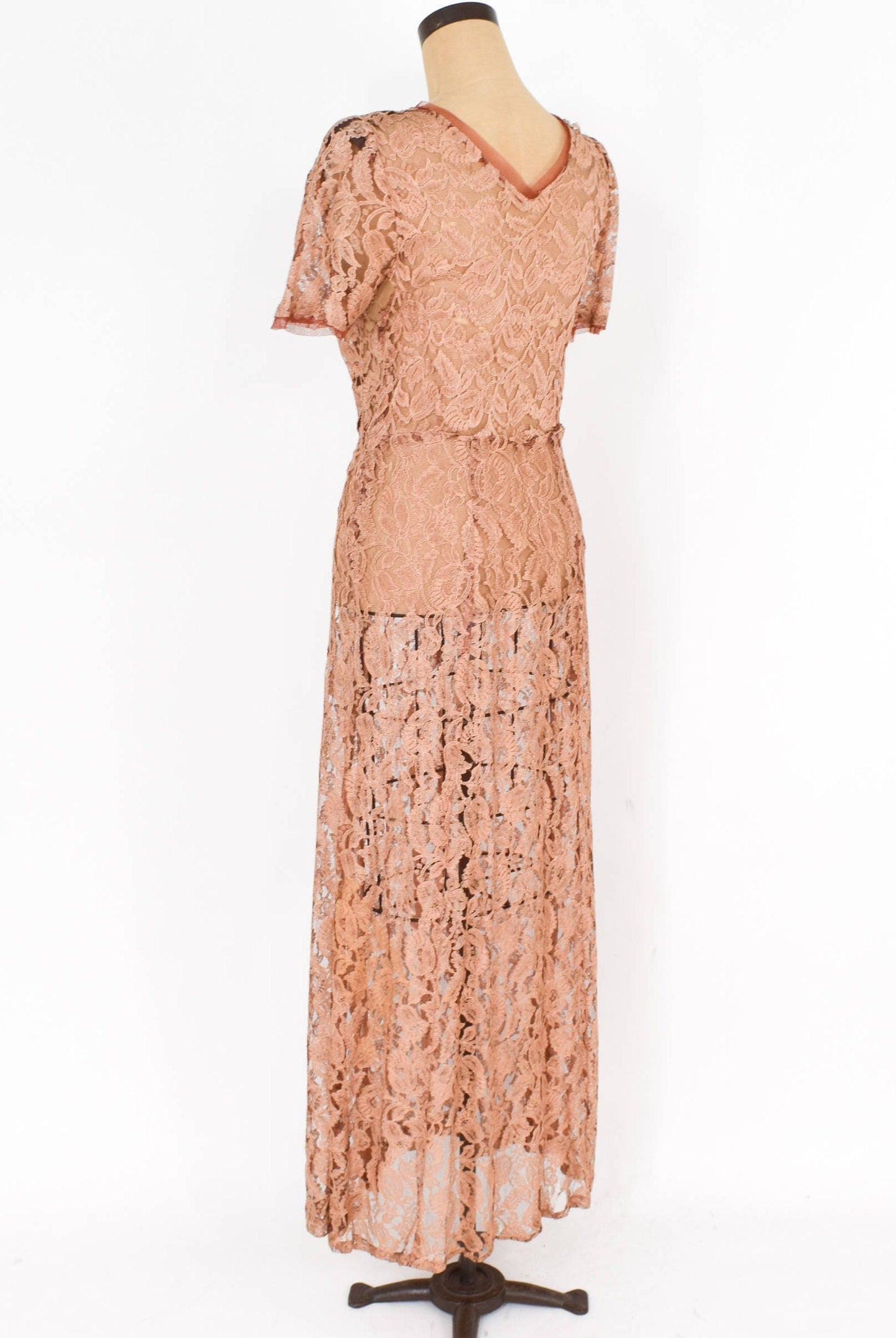 1930s Peach Floral Lace Dress, Evening Gown (Study Piece), Medium
