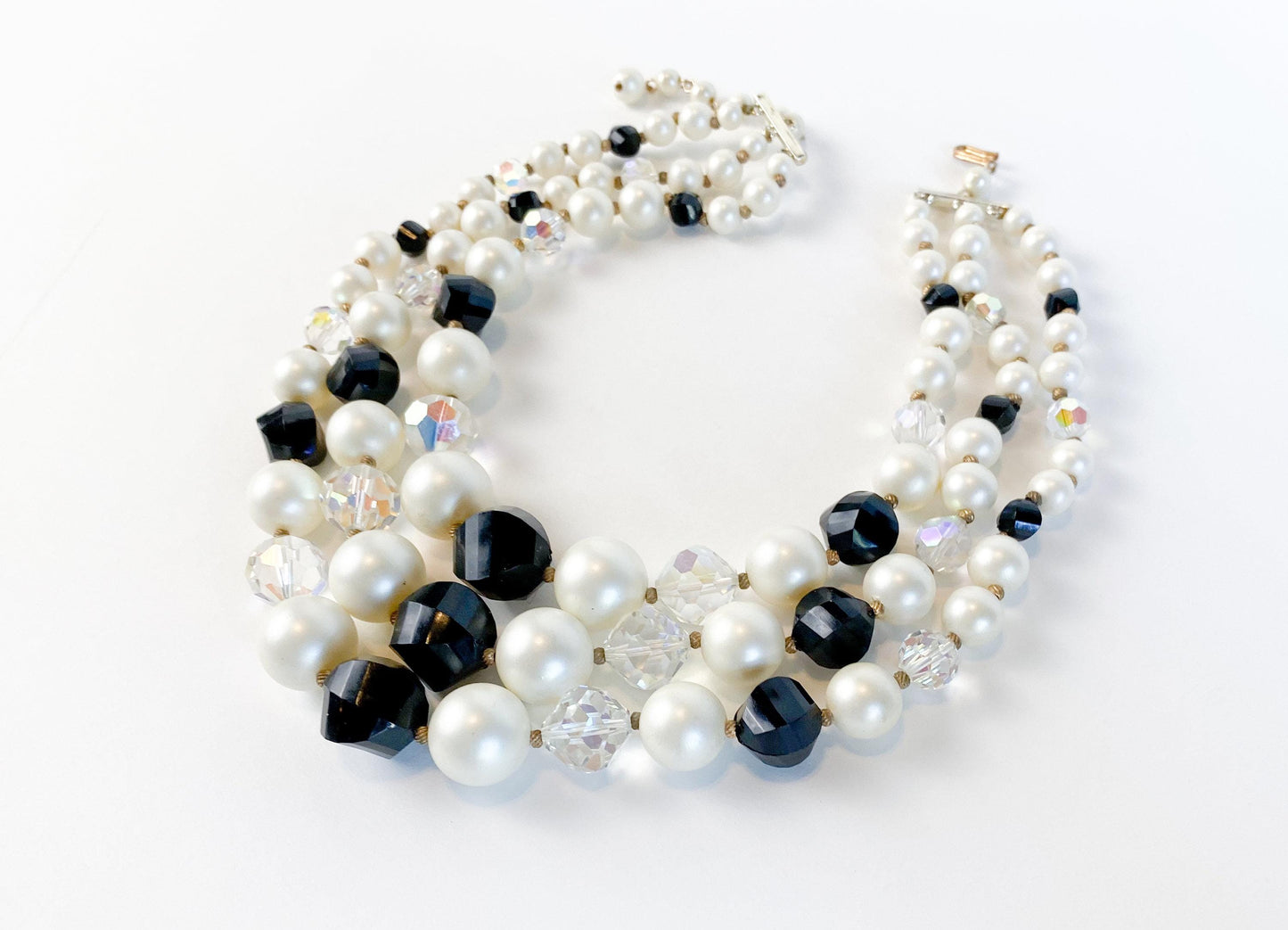 1950s Black & White Beaded Necklace | 50s Multi Strand Bead Necklace