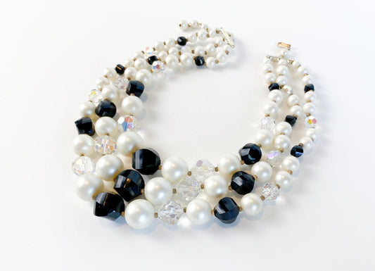 1950s Black & White Beaded Necklace | 50s Multi Strand Bead Necklace