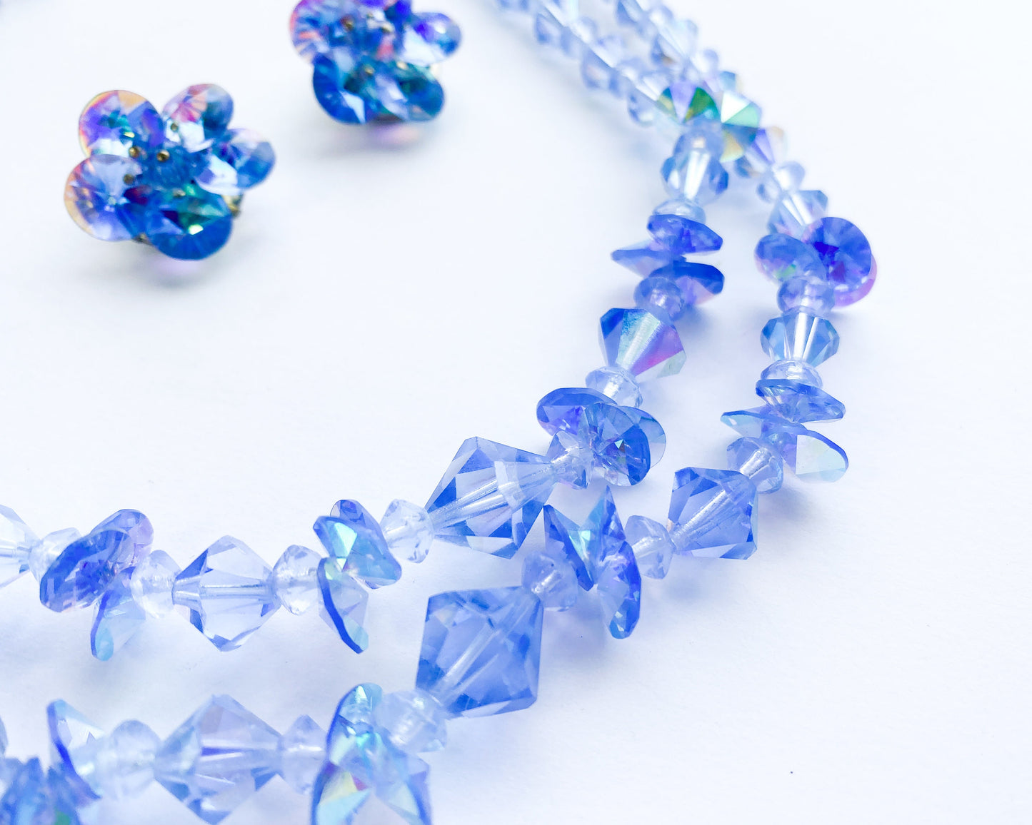 1950s Blue Crystal Necklace Set | 50s Blue Glass Bead Necklace & Clip Earrings