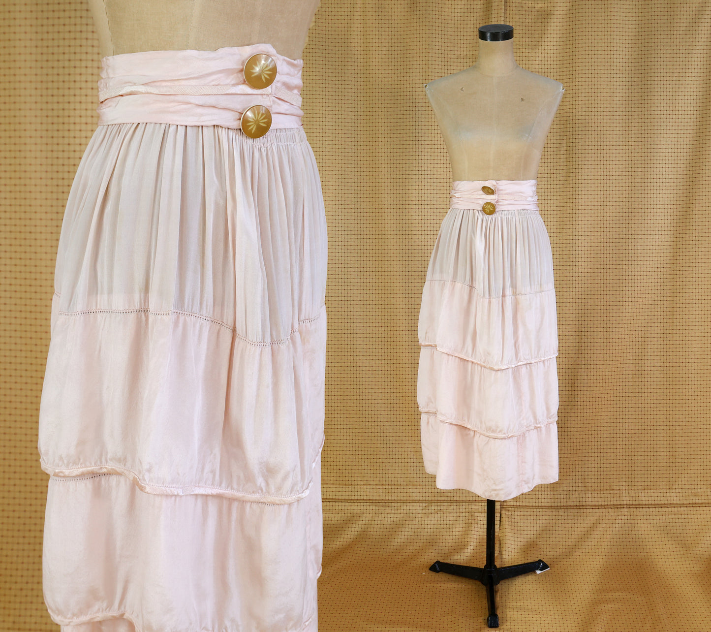 1910s Pink Tissue Silk Blouse, Skirt, & Belt Dress Set