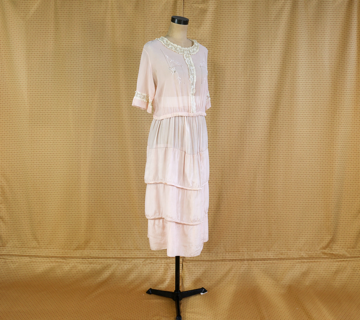 1910s Pink Tissue Silk Blouse, Skirt, & Belt Dress Set