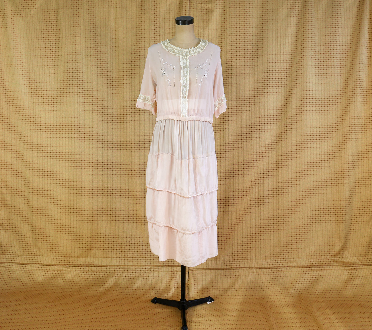 1910s Pink Tissue Silk Blouse, Skirt, & Belt Dress Set
