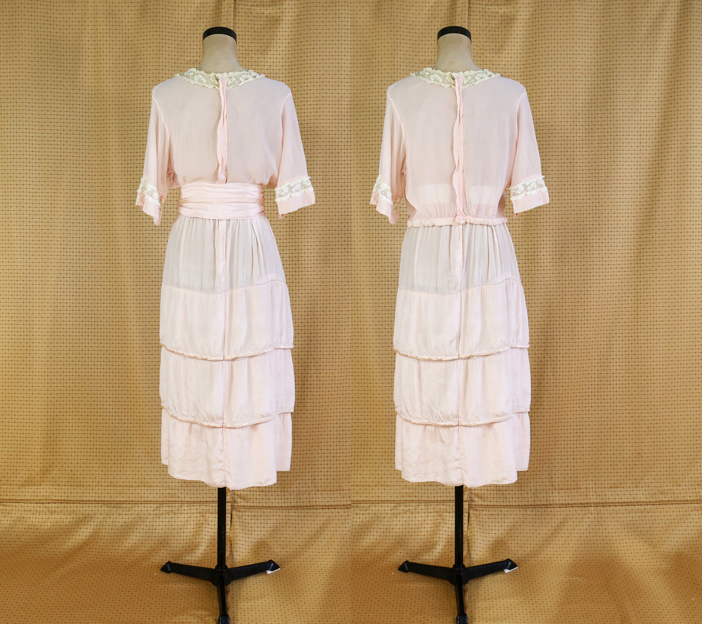 1910s Pink Tissue Silk Blouse, Skirt, & Belt Dress Set