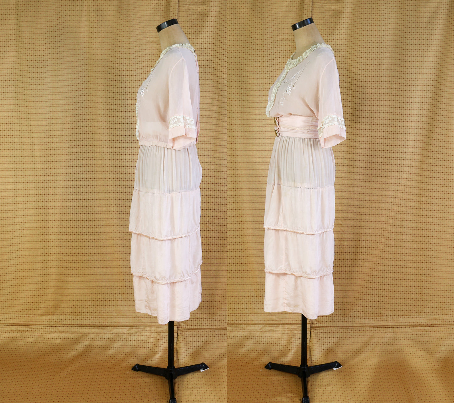 1910s Pink Tissue Silk Blouse, Skirt, & Belt Dress Set