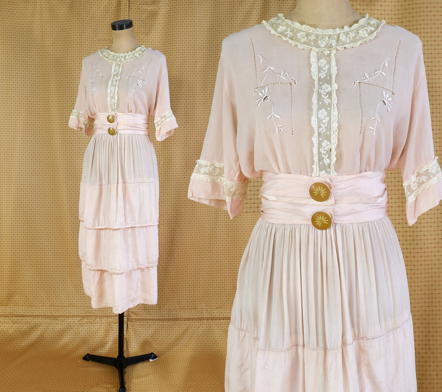 1910s Pink Tissue Silk Blouse, Skirt, & Belt Dress Set