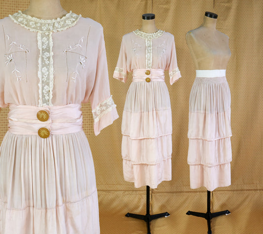 1910s Pink Tissue Silk Blouse, Skirt, & Belt Dress Set