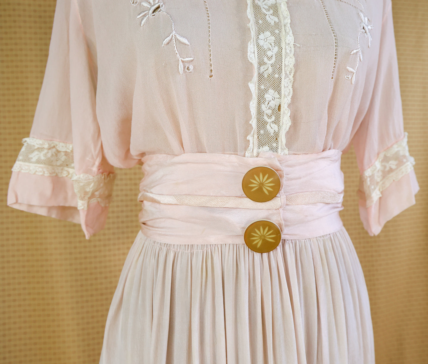 1910s Pink Tissue Silk Blouse, Skirt, & Belt Dress Set