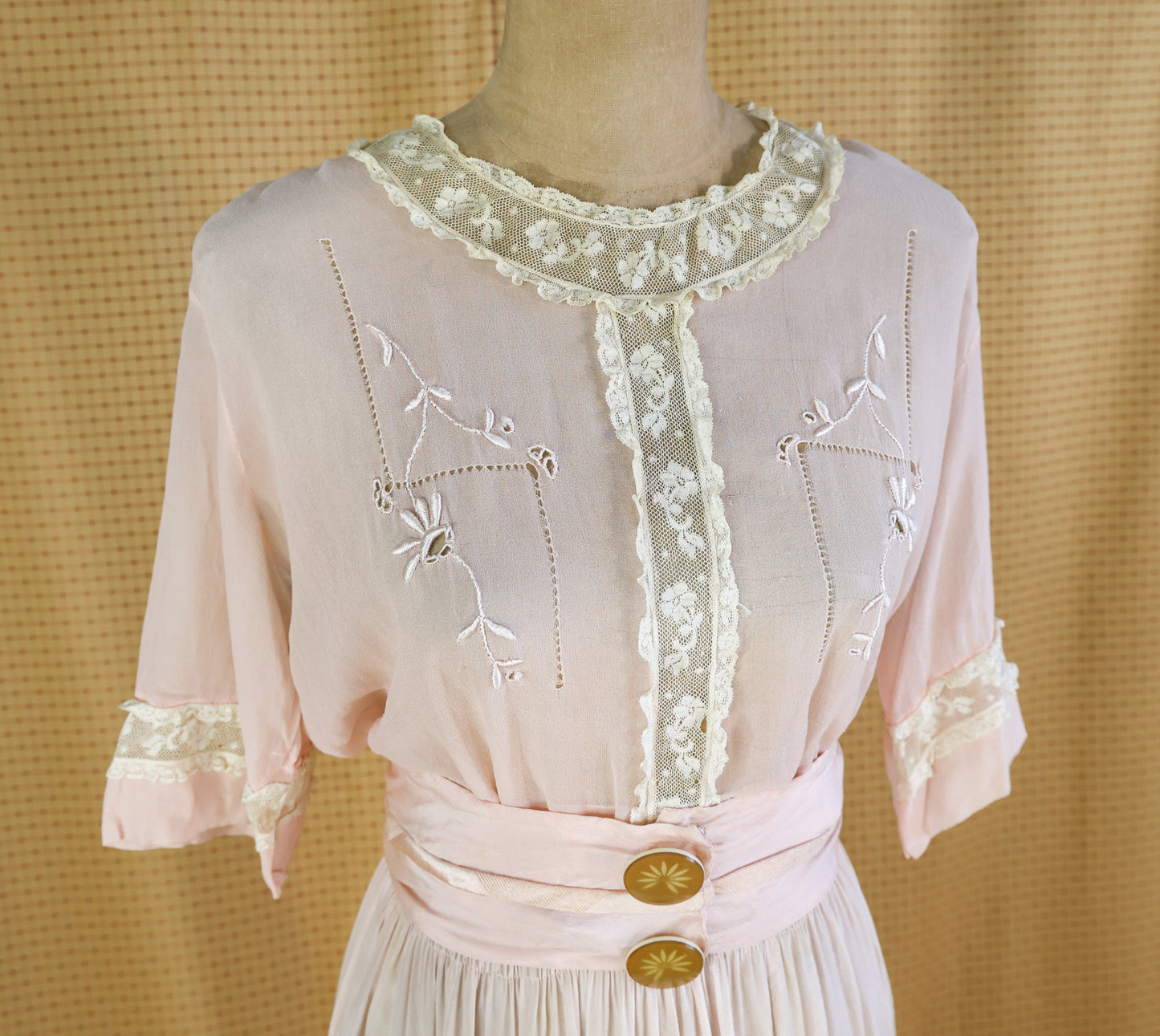 1910s Pink Tissue Silk Blouse, Skirt, & Belt Dress Set