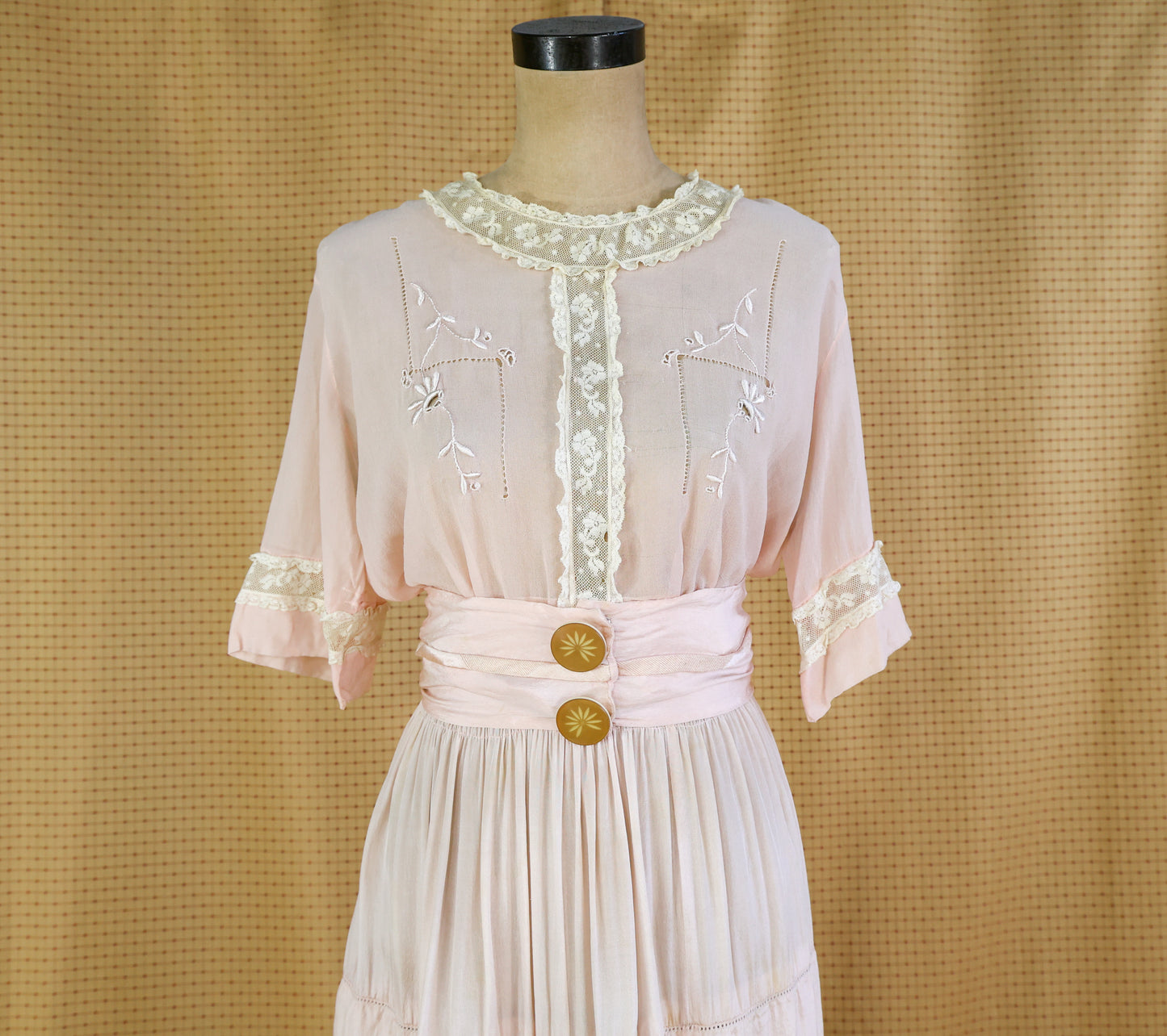 1910s Pink Tissue Silk Blouse, Skirt, & Belt Dress Set