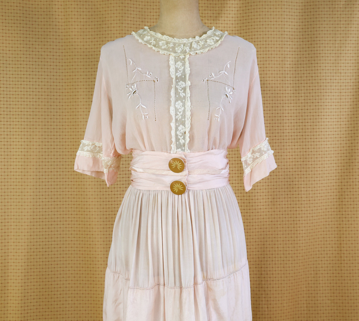 1910s Pink Tissue Silk Blouse, Skirt, & Belt Dress Set