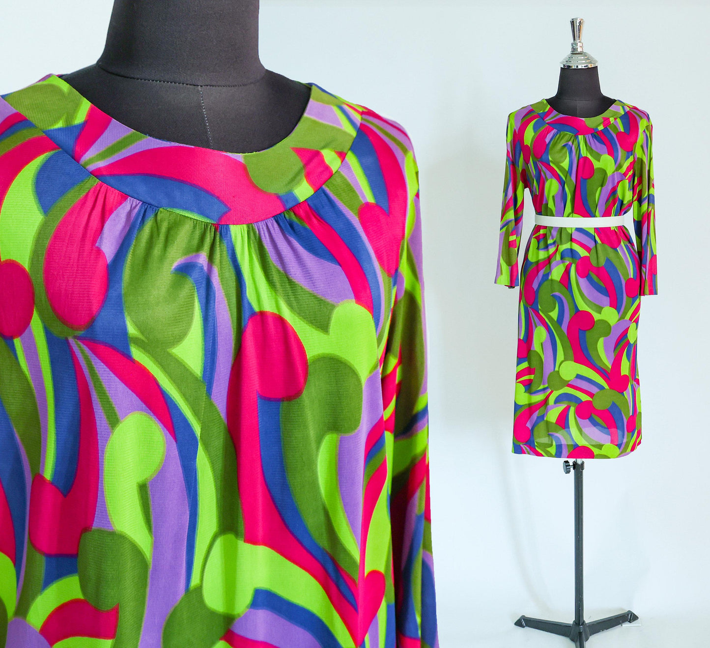 1960s Op Art Print Mini Dress | 60s Colorful Nylon Abstract Dress | Royal Miss | Large