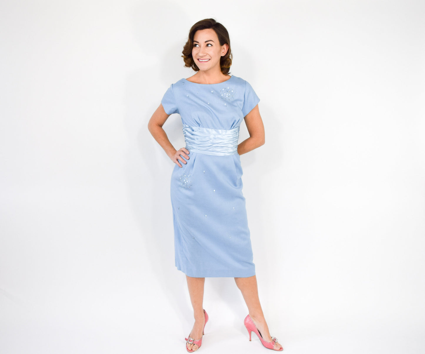 1950s Blue Cotton Sheath Dress with Satin Waist, Small