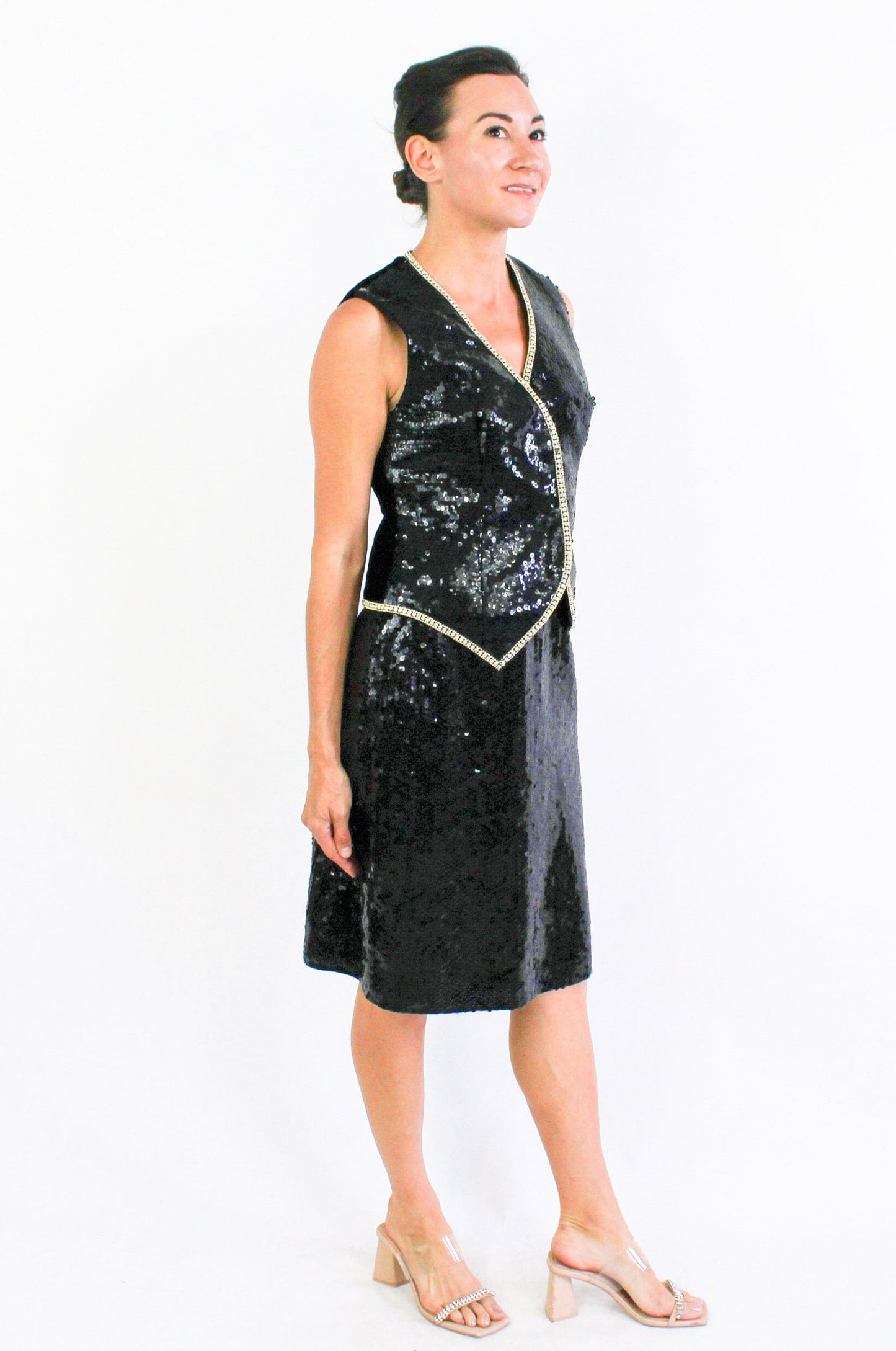 1990s Black Sequin Vest & Skirt Set | 90s Black Sequin Skirt Set | Lillie Rubin | Medium