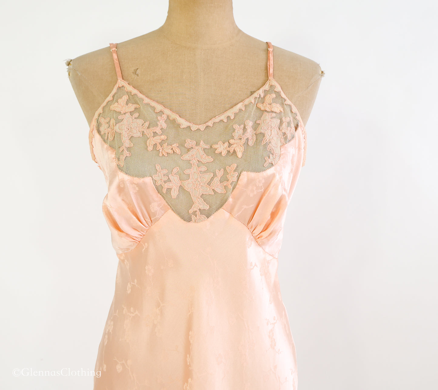 1930s Peach Floral Embossed Silk Slip, Small