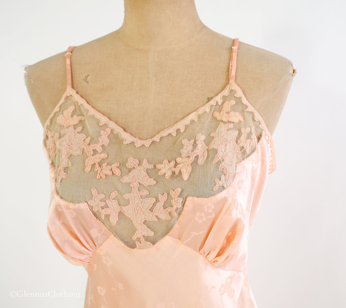 1930s Peach Floral Embossed Silk Slip, Small