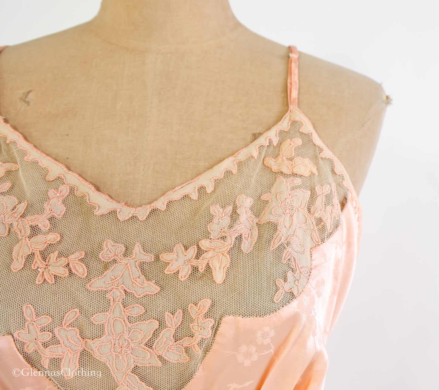 1930s Peach Floral Embossed Silk Slip, Small