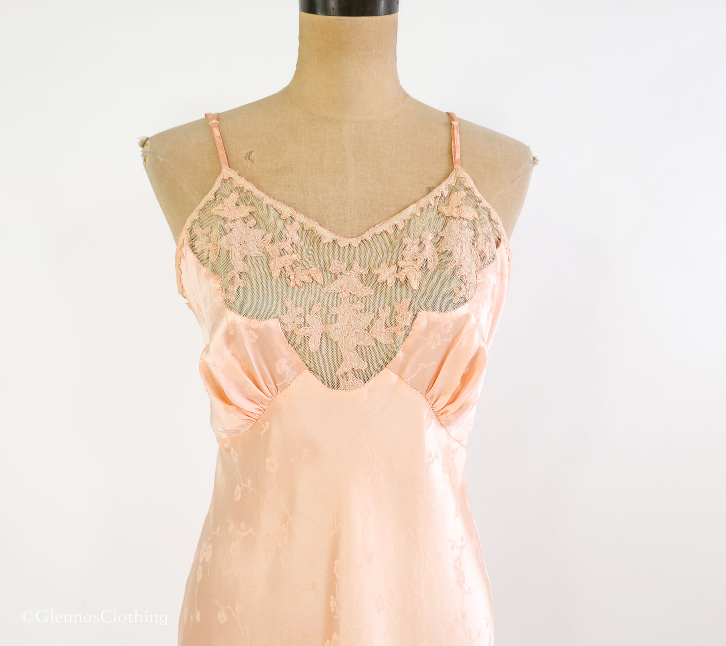 1930s Peach Floral Embossed Silk Slip, Small
