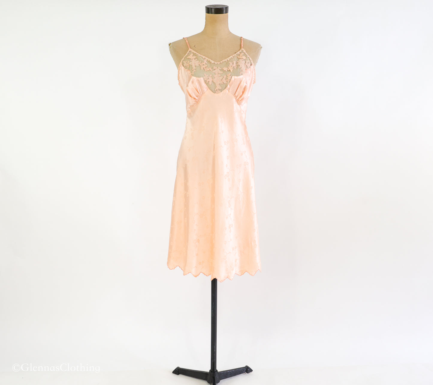 1930s Peach Floral Embossed Silk Slip, Small