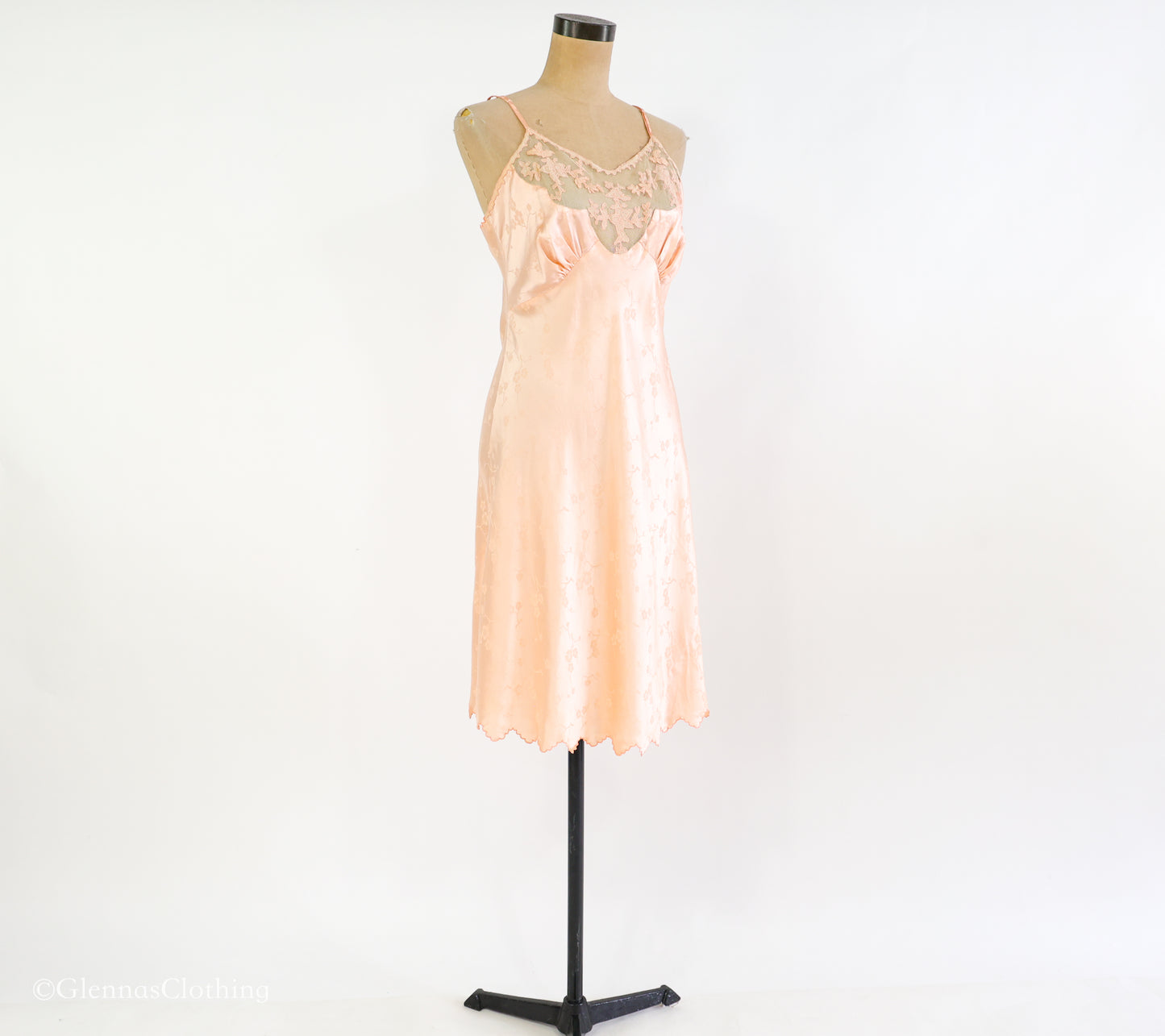 1930s Peach Floral Embossed Silk Slip, Small