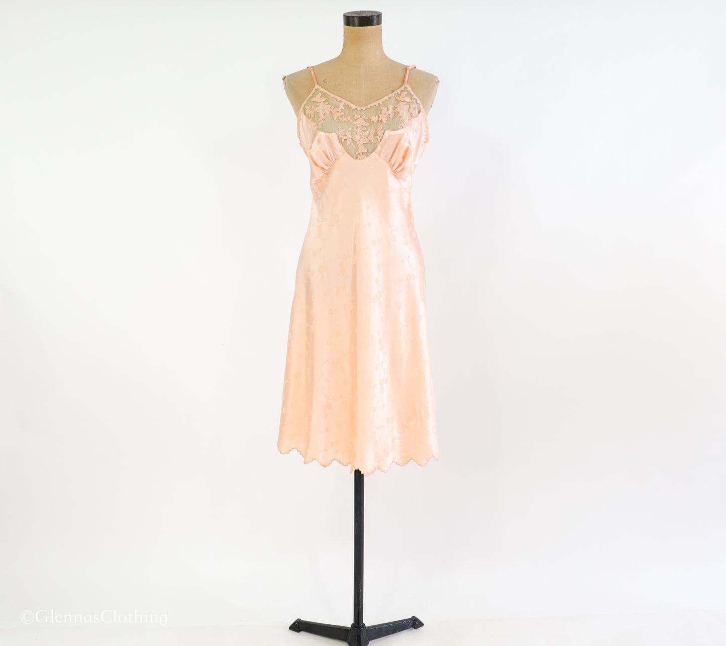 1930s Peach Floral Embossed Silk Slip, Small