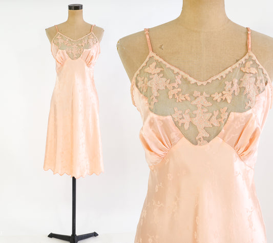 1930s Peach Floral Embossed Silk Slip, Small