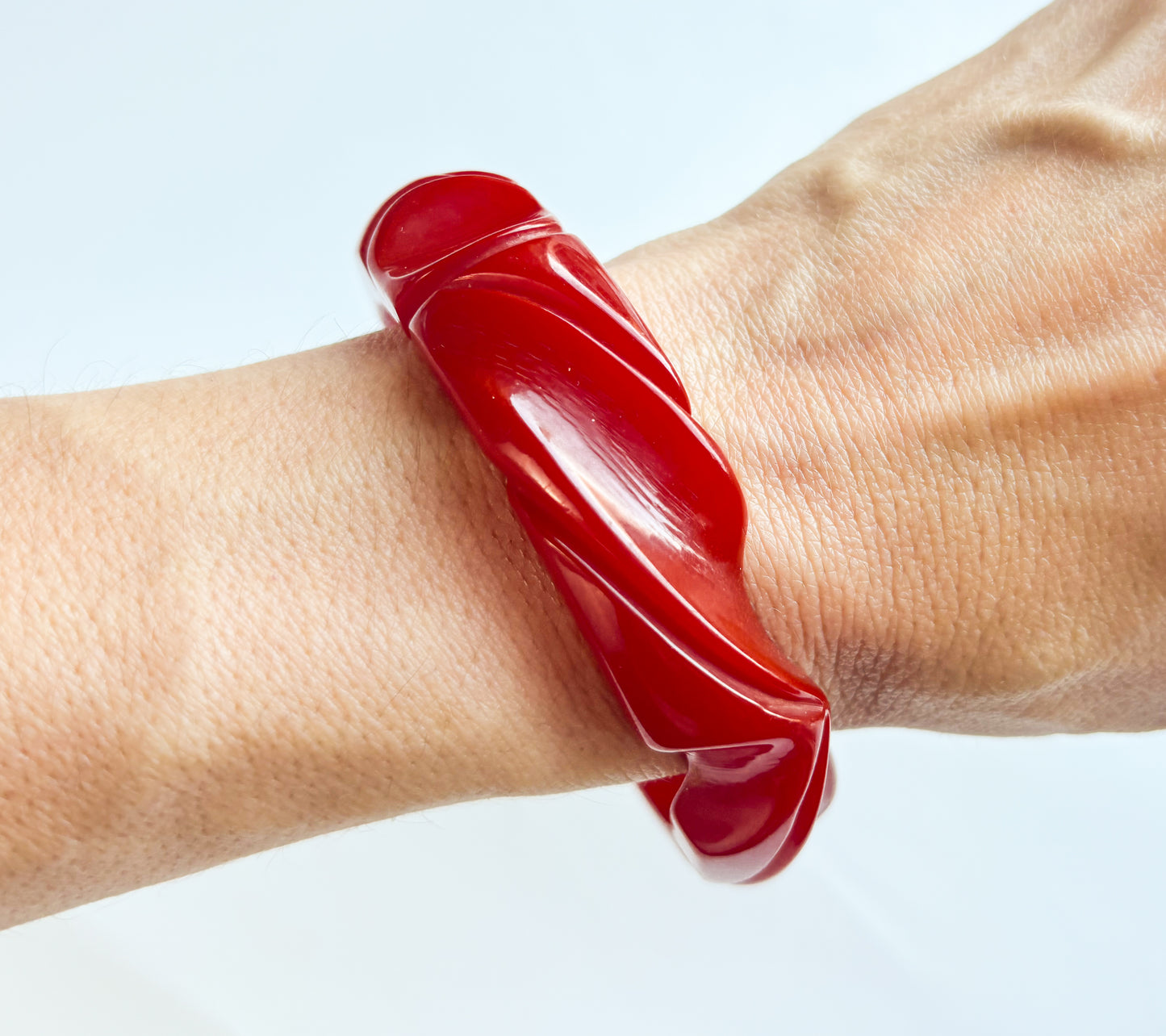 1930s Carved Dark Red Bakelite Bangle | Vintage Red Swirl Plastic Bracelet