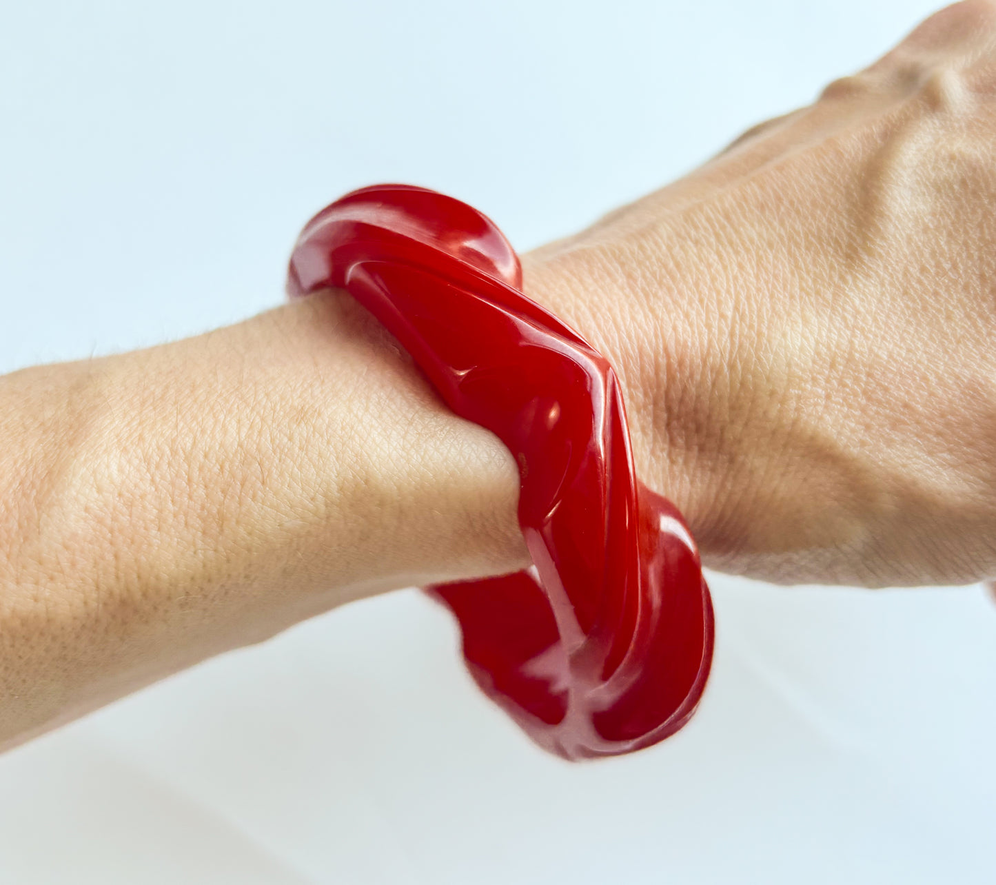 1930s Carved Dark Red Bakelite Bangle | Vintage Red Swirl Plastic Bracelet
