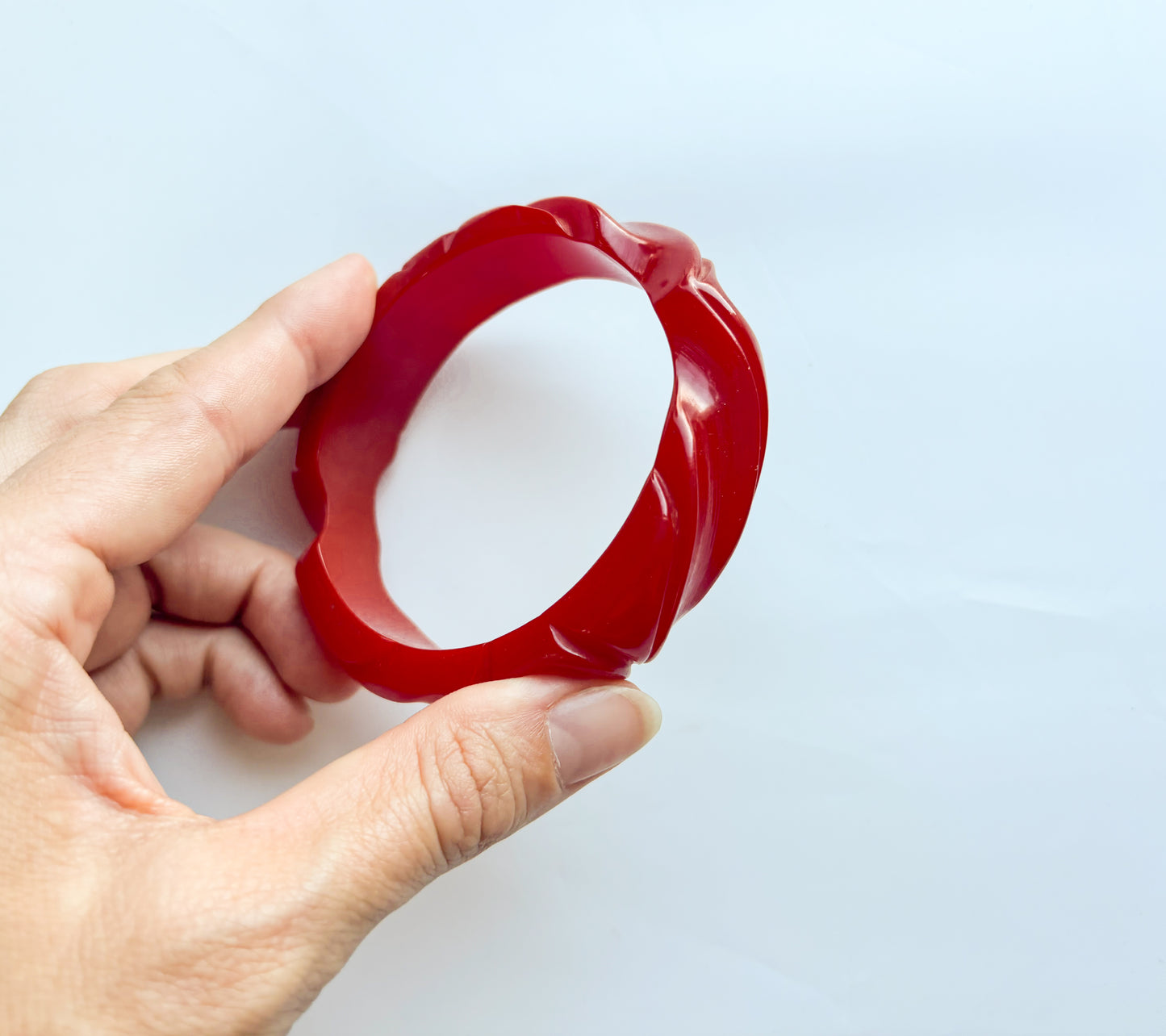 1930s Carved Dark Red Bakelite Bangle | Vintage Red Swirl Plastic Bracelet