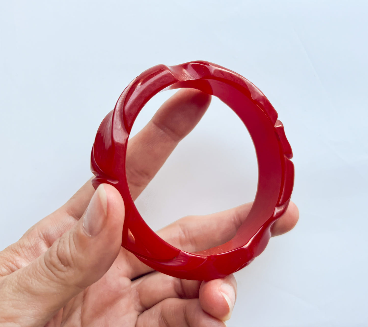 1930s Carved Dark Red Bakelite Bangle | Vintage Red Swirl Plastic Bracelet