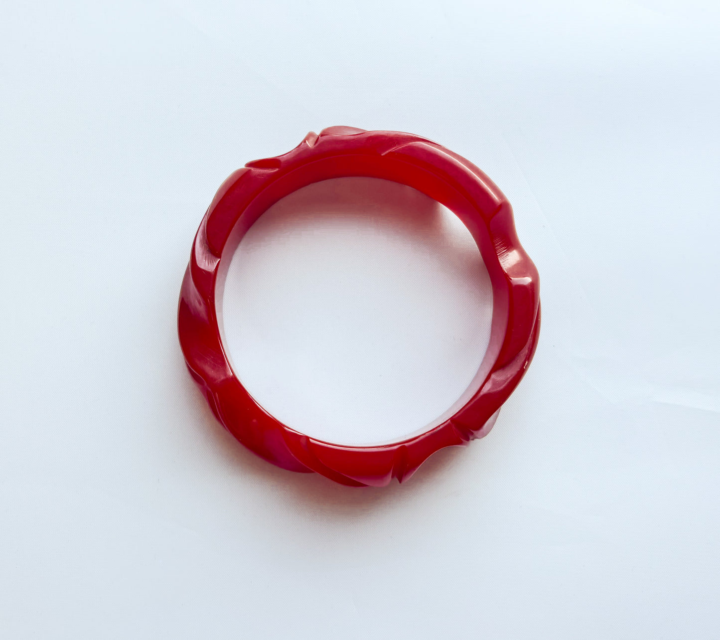 1930s Carved Dark Red Bakelite Bangle | Vintage Red Swirl Plastic Bracelet